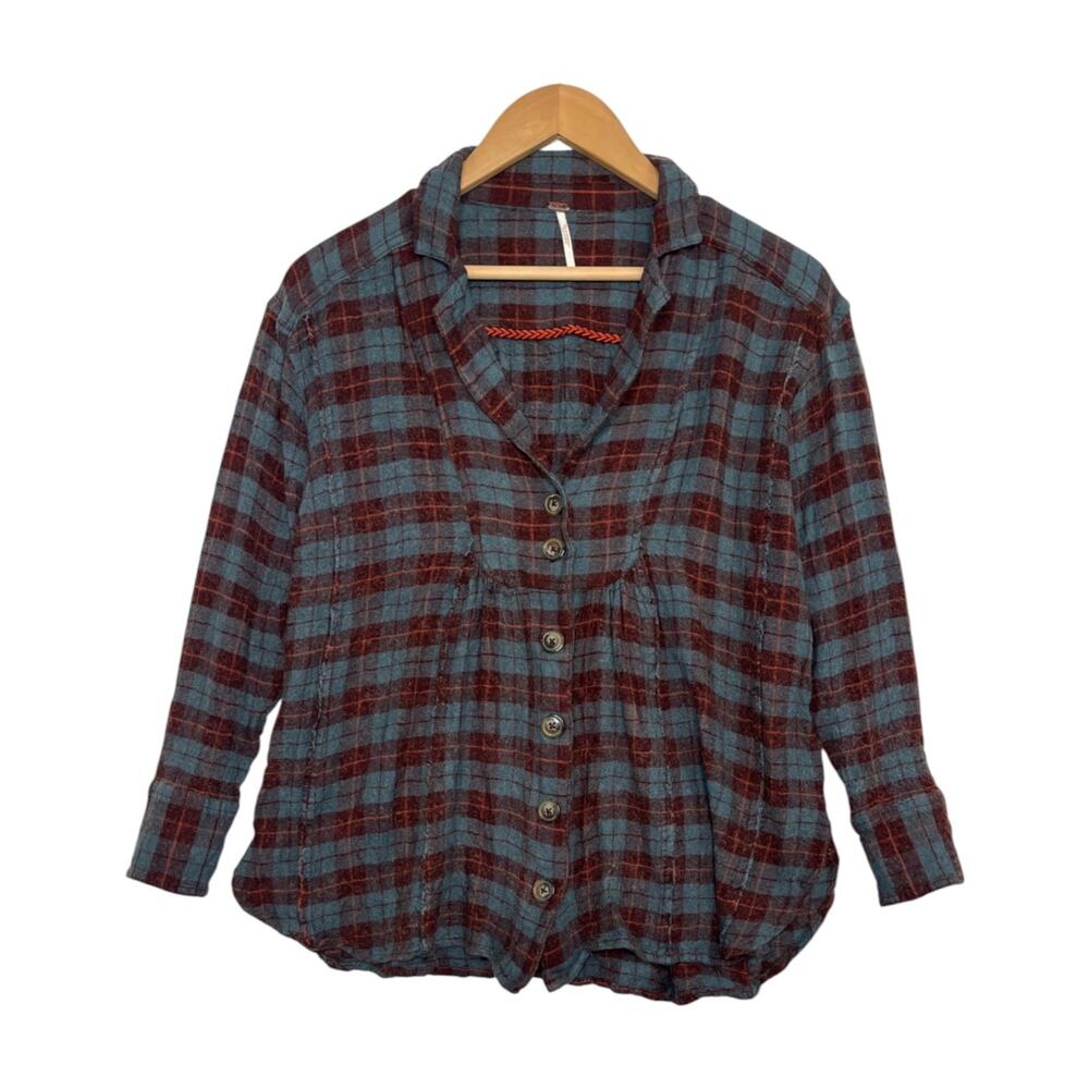 Free People Top Womens Extra Small Blue Wool Blend Plaid Button Up Boho Cottage